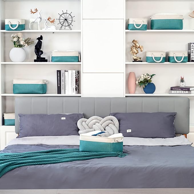 TheWarmHome Fabric Storage Bin with Handles,Storage Basket for Home Storage and Organization, Shelf Basket with Cover for Living Room Bedroom Decor Closet（White & Green,Small ,11.8L×7.9W×5.2H