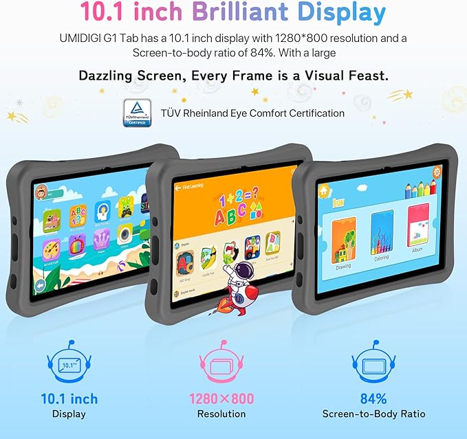 UMIDIGI Kids Tablet, G1 Tab Android 13 for Kids, 10.1", 4+4G+64G up to 1TB, WiFi 6, 8MP+8MP Dual Camera, Quad-Core, 6000mAh, BT5.0, TÜV Eye Bluelight Tablet Android, Parental Control