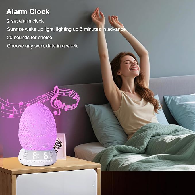 Upgraded Dinosaur Egg Alarm Clock/Digital Clock/Night Light/Music & White Noise Aid Sleep Machine/Bluetooth Speaker, Decor Ideal & Unique Lamp for Bedroom/Living Room, Gifts for Kids