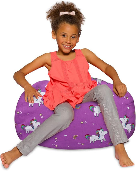 Posh Creations Bean Bag Chair for Kids, Teens, and Adults Includes Removable and Machine Washable Cover, 27in - Medium, Canvas Unicorn and Rainbows on Purple