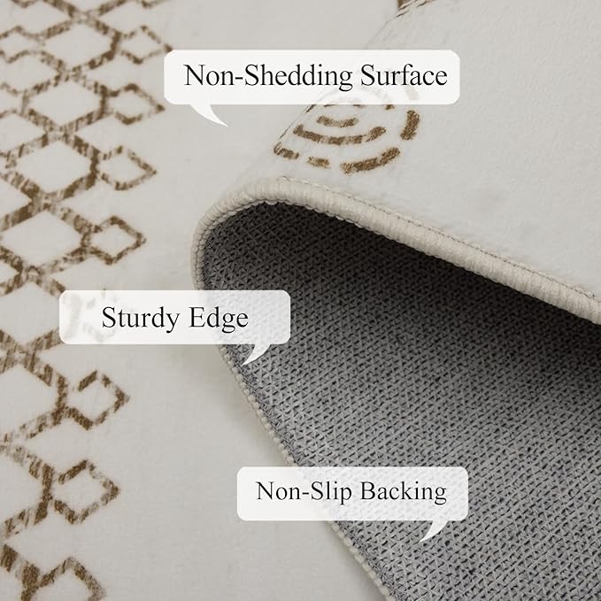 Washable Area Rugs 8x10, Large Rugs for Living Room, Carpet for Bedroom, Boho Soft Faux Wool Retro Dining Room (Beige) Rug, Non-Slip Backing Resistant Low Pile Vintage Print Rug for Home Office
