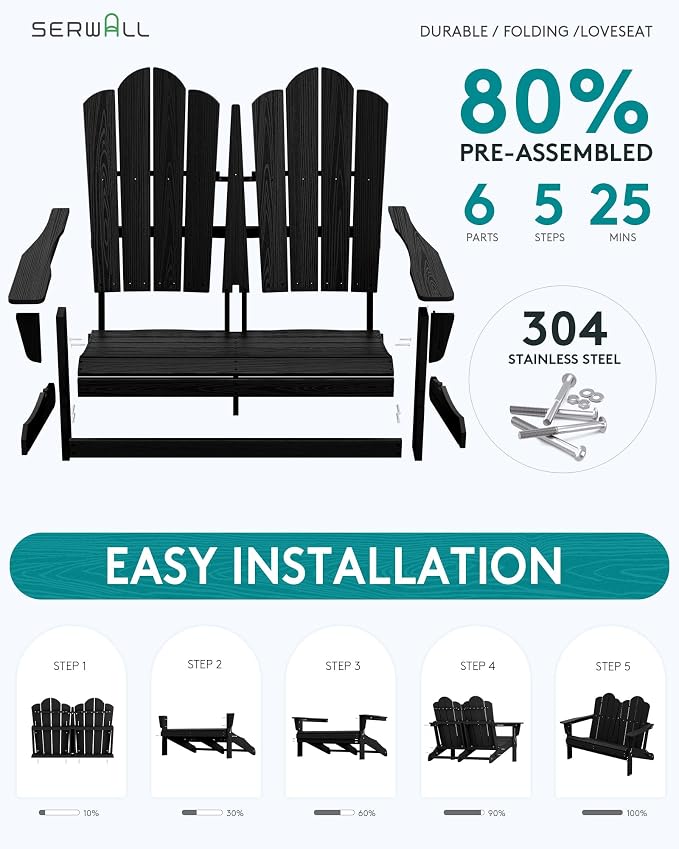 SERWALL Folding Adirondack Bench, HDPE All-Weather Adirondack Loveseat - Image 2