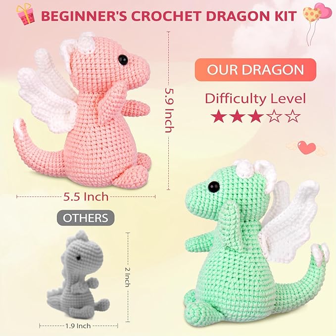 Crochetta Crochet Kit for Beginner, Crochet Starter Kit w Step-by-Step Video Tutorials, Crochet Kit for Beginners, Beginner Crochet Kit for Adults Kids Women Men Complete Kit Included (2 Dragons)