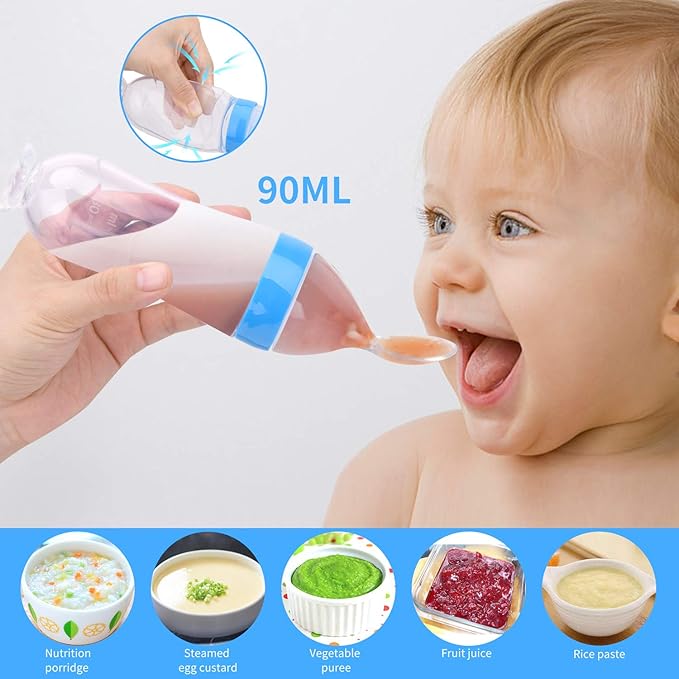 Food Feeder Baby Fruit Pacifier (3 Pcs) with 6 Different Sized Silicone Pacifiers 2 PCS Dispensing Spoon 90ML Spoons Clip Infant Teething Feeders -Blue