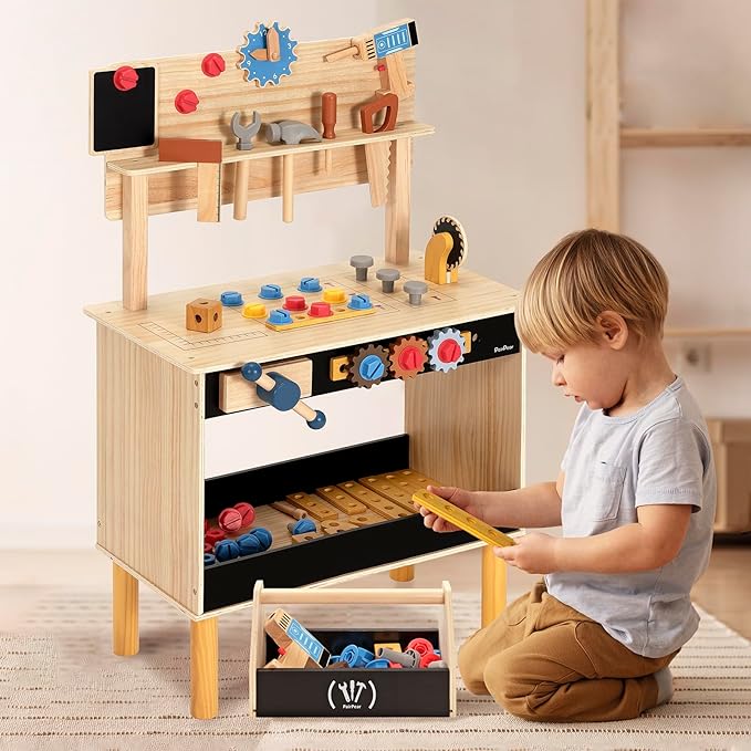 PairPear Wooden Kids Tool Bench & Carry Toolbox – 71 Pcs Pretend Play Tool Workbench with Drills, Kids Construction Toy Workbench Workshop for Boys Girls Age 3+