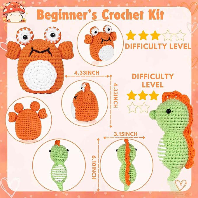 yhwsymgmho Crochet Kit for Beginners: 2-Piece Animal Amigurumi-Kit with Step-by-Step Video Tutorials - Easy Knitting Kit for Adults and Kids - DIY Crocheting Doll Gift (Crabs & Seahorses)