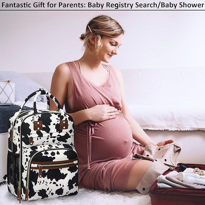 Diaper Bag Backpack for Women with Changing Pad, Baby Bag with Insulated Pockets Multifunctional Diaper Bags For Baby Girl Boy Waterproof Baby Bags For Boys Girls Maternity Bag Cow Print