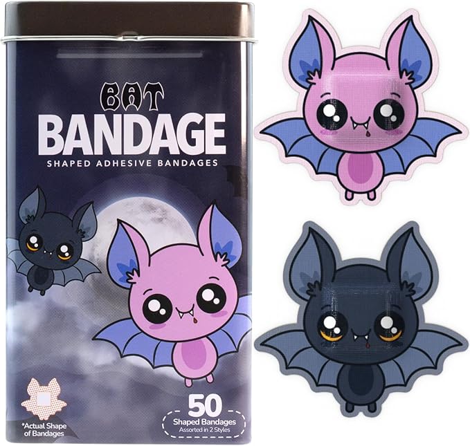BioSwiss Bandages, Halloween Bat Shaped Self Adhesive Bandage, Latex Free Sterile Wound Care, Fun First Aid Kit Supplies for Kids, 50 Count