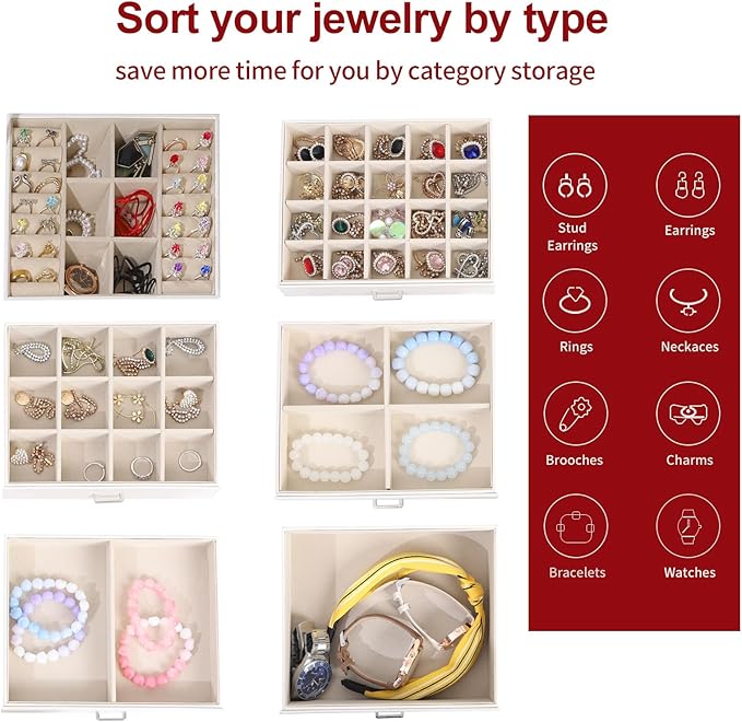 BOOVO Jewelry Box For women, 6 Layer Large Jewelry Organizer With Mirror, Multi-Function Storage Box With Lock, Accessory Holder With 5 Drawers, For Earrings Necklace Ring Bracelet (White)