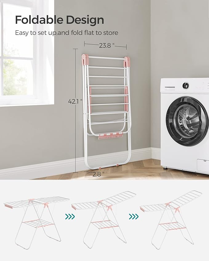 SONGMICS Clothes Drying Rack, with Sock Clips, Metal Laundry Rack, Foldable, Space-Saving, Free-Standing Airer, with 2 Height-Adjustable Gullwings, Indoor Outdoor Use, White and Pink ULLR052P01
