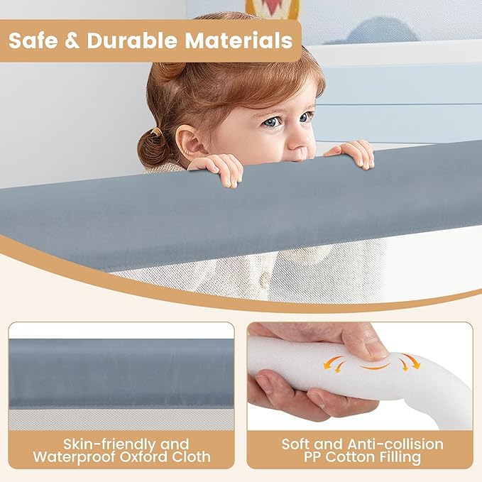 HONEY JOY Bed Rail for Toddlers, Extra Long, Foldable Portable Swing Down Safety Bed Guard Rail, Toddler Bed Rails for Crib, King Queen Full Twin Size Bed Mattress (Light Gray, 2 Pack, 71 Inch)