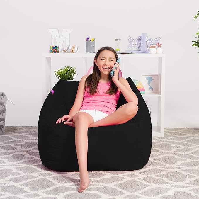 Posh Creations Bean Bag Chair Structured Seat for Kids, Teens and Adults, Comfy Chair for Gaming, Reading and Watching TV, Coronado Chair, Microsuede - Black