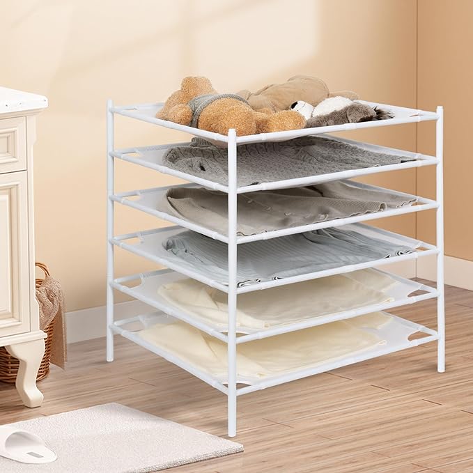 STORAGE MANIAC Sweater Drying Rack, Mesh Clothes Drying Rack, Stackable Laundry Drying Rack, Lay Flat Dryer for Delicates, Portable Dry Rack for Indoor or Outdoor, White, 6-Pack