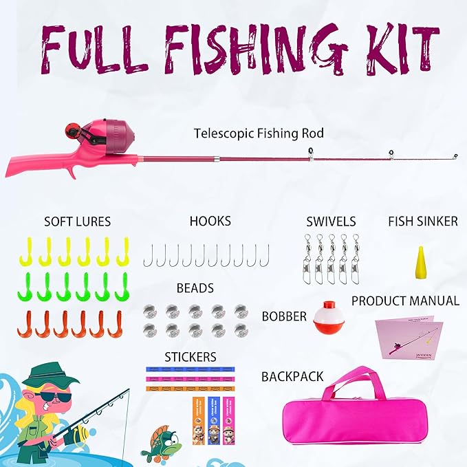 Kids Fishing Pole, Telescopic Fishing Rod, Toddler Collapsible Fishing Rod and Reel Combo with Tackle Box, Fishing Line, Bobber, and Soft Lures for Boy, Girl, Youth, Beginner, Over 4 Years Old