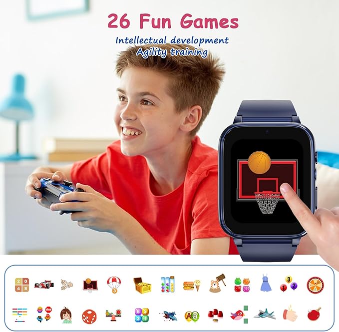 Goodatech 1.69'' Kids Smart Watch 4-12 Years Boys Girls, 26 Puzzle Games,HD Camera,Video Music Player,Pedometer,Flashlight,Alarm Clock,Learn Card,Audio Book,Smartwatch for Children Gifts (Blue)