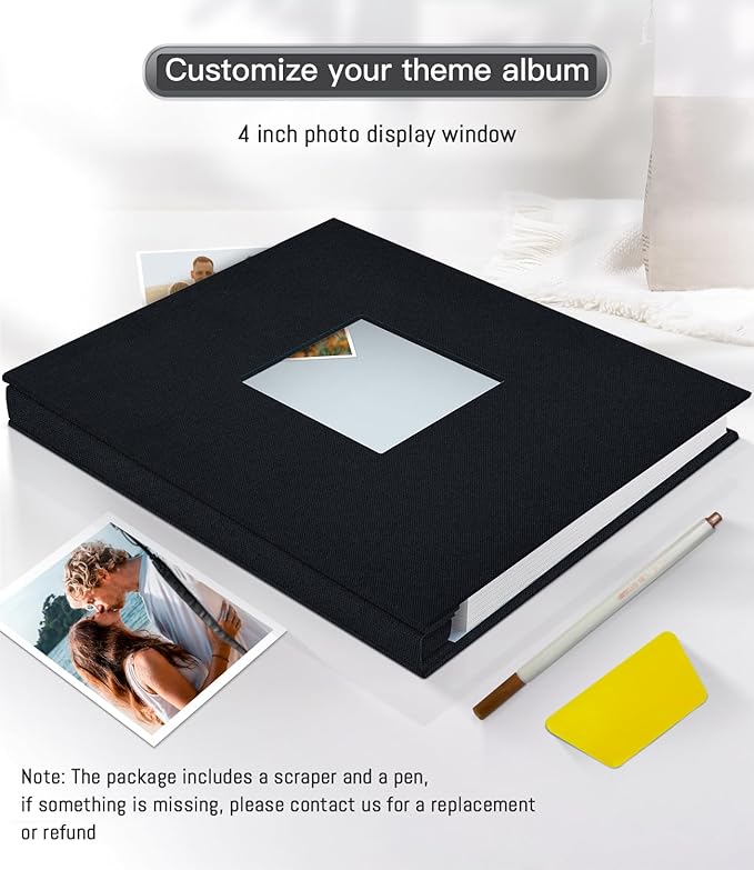 popotop Photo Album Self Adhesive with Picture Display Window,40 Pages DIY Scrapbooking Supplies Kit for 4x6 8x10 Picture,Linen Cover Memory Book for Baby Wedding, with Scraper and Metallic Pen