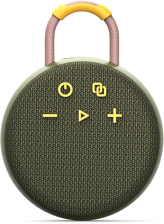 MusiBaby Rugged Mini Clip-On Speaker – BT 5.3, Waterproof Build, Shock-Resistant Rubber Shell, Great for Camping Packs, College Study Corners, or Travel Bags (Green)