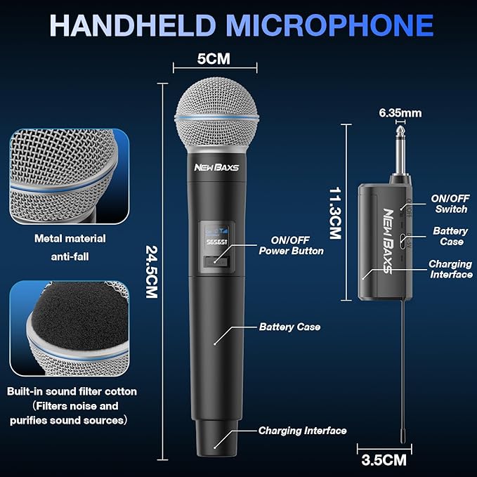 Wireless Microphone, Rechargeable Dual Cordless Handheld Dynamic Wireless Mics,NEWBAXS Karaoke Microphones with 1/4'' Output for Karaoke, Meeting, Singing, Church, Wedding
