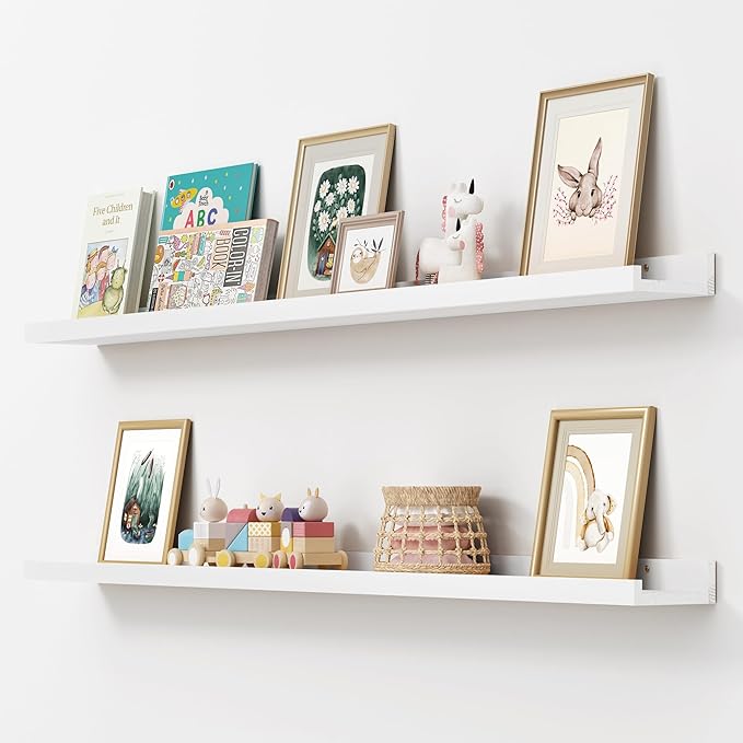 Picture Ledge Shelf, Floating Shelves Set of 2, Solid Pine Wood 55'' Long Large Nursery Book Shelves for Toys Storage, Kids Bookshelf for Living Room Bedroom Decor Books Photo Frames, White