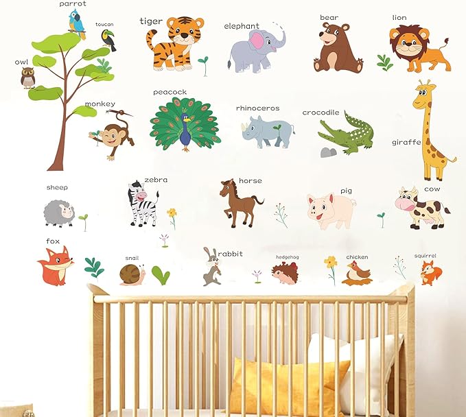 Large Animals Learning Educational Wall Stickers Kids,Nursery Playroom Wall Decals,Daycare Preschool Classroom Wall Stickers Peel and Stick Removable,Cute Wall Decor for Boy,Girl,Toddler,Baby.