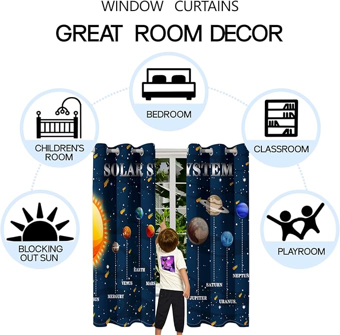 Outer Space Curtains for Boys - 2Pcs 82" x 63" Solar System Print Curtain Panels for Boys Bedroom Planets Galaxy 95% Blackout Grommet Top Window Drapes for Living Room