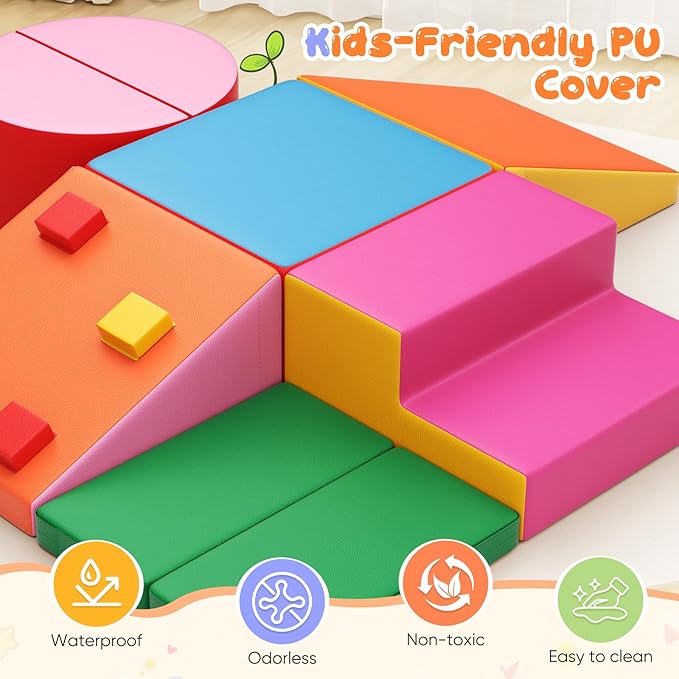 Lischwert Foam Climbing Blocks for Toddlers 1-3, 7pcs Soft Play Set with Crawling Exploration Toys, Indoor Outdoor Infant Safe Blocks for Baby Gym Toddler Playground