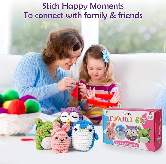 A-URA Learn to Crochet Kit for Beginners Kids and Adults, Premium 4 Animal Pattern Beginner Crochet Kits with Easy Tube Yarn & Step-by-Step Video Tutorials (Forest Friends–Standard Size)