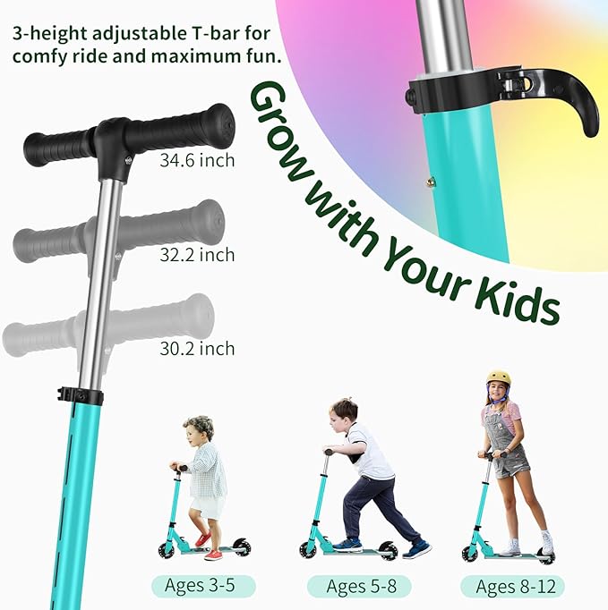 BELEEV V2 Scooters for Kids with Light-Up Wheels & Stem & Deck, 2 Wheel Folding Scooter for Girls Boys, 3 Adjustable Height, Non-Slip Pattern Deck, Lightweight Kick Scooter for Children Ages 3-12