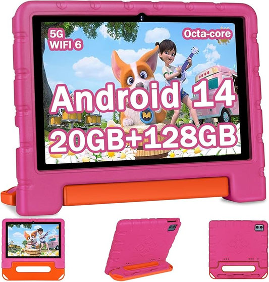2025 Kids Tablet 10 inch Android 14 Tablets for Kid Octa-Core, 20GB+128GB (TF 1TB), Toddler Tablet with Shockproof Case, 2.4G+5G WiFi 6, Parental Control, Face Unlocked, Split Screen, BT5.0 (Rose Red)