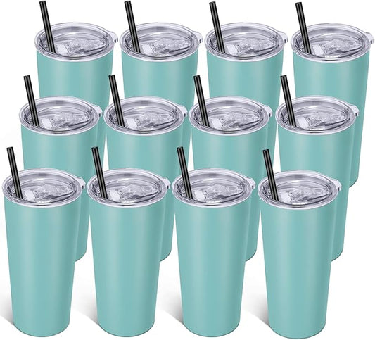VEGOND 20oz Tumbler Bulk with Lid and Straw 12 Pack, Stainless Steel Vacuum Insulated Tumbler, Double Wall Coffee Cup Travel Mug, River Green