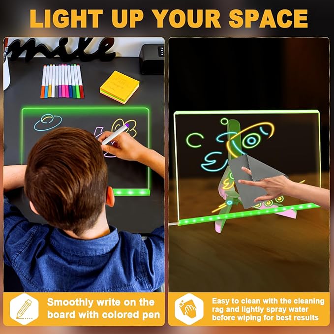 LED Acrylic Message Board, Light Up Acrylic Dry Erase Board with 7-Color Light, LED Note Board with Colors for Kids, Glow Memo Message Writing Board with Light, Drawing Stencils Set Included