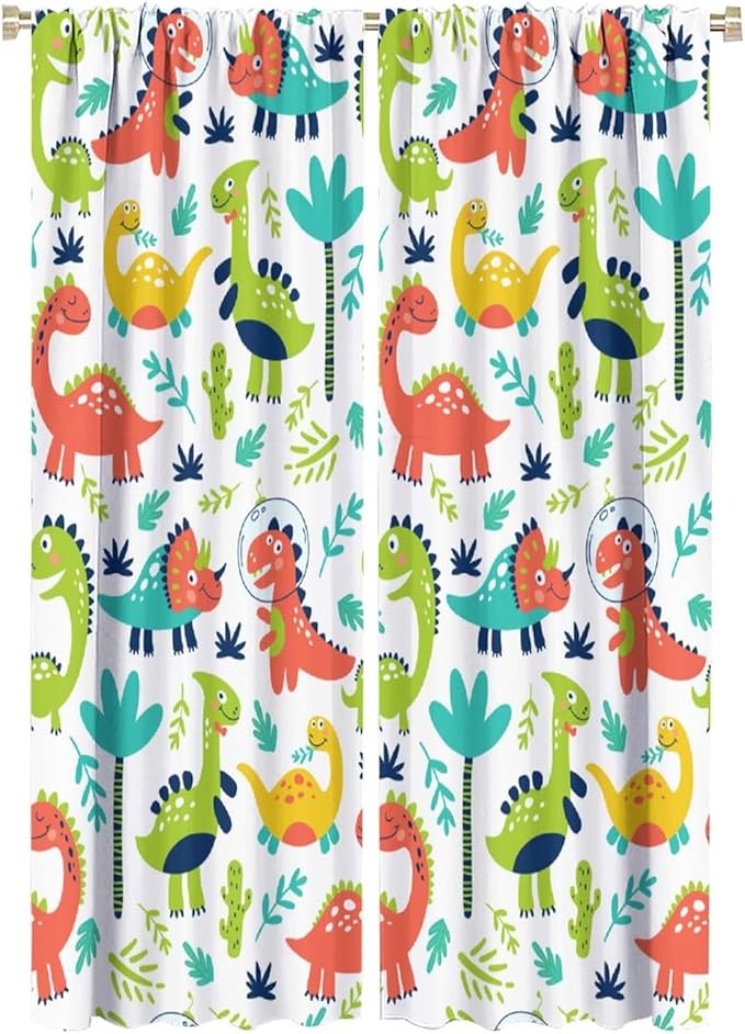 Rustic Dinosaurs Curtains Colorful Dino Kids Boys Cartoon Cute Cool Funny Decor Printed Blackout Rod Pocket Window Drapes for Living Room Bedroom W21xL63in 2 Panels