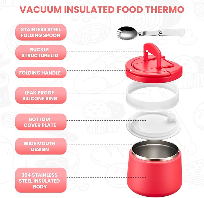Soup Thermo for Hot Food Kids 14oz Lunch Containers with Buckle Lid Wide Mouth Hot Food Jar Vacuum Insulated Stainless Steel Bento Box Leakproof with Spoon (Red)