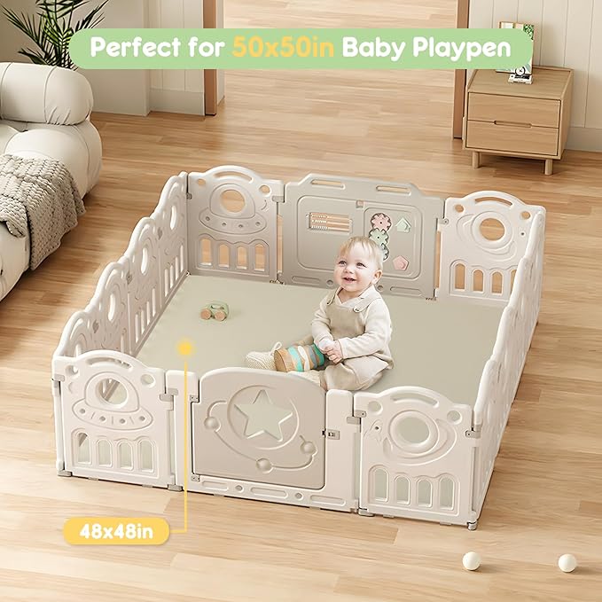 Padded Baby Play Mat, Super Soft Vegan Leather Baby Mat for Floor, 48x48 Thick Foam Cushioned Play Mat for Babies 6-12 Months, Fits Nicely Into 50x50 Playpen Mat, Grayish Green