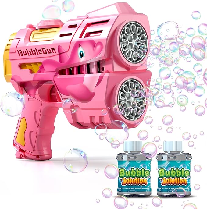 Rechargeable Pink Dolphin Bubble Guns for Kids, LED Light Up Bubble Machine Blower with 2 Bottles Bubble Refill Solution for Kids, Bubble Makers Blaster for Toddlers, Summer Wedding Toys Gift