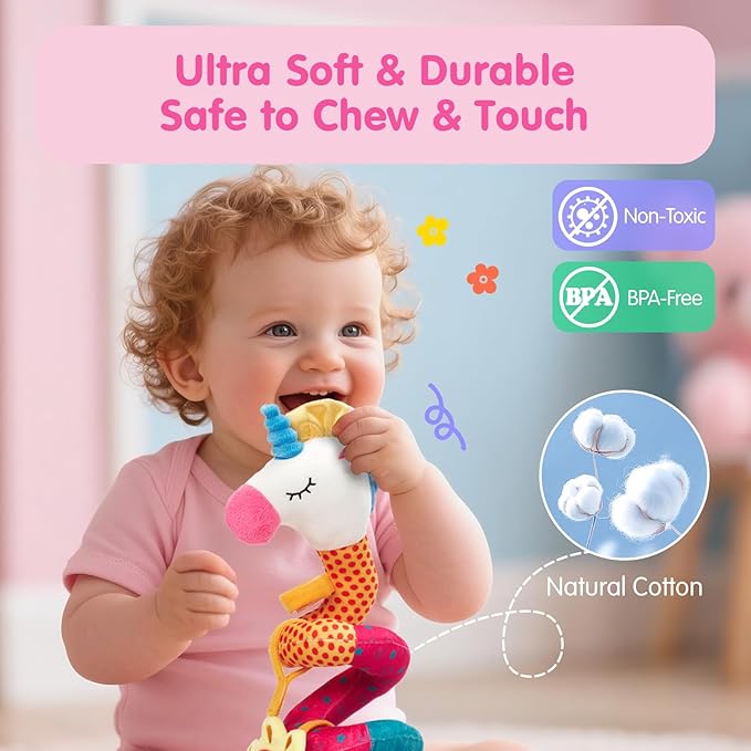 hahaland Car Seat Toys for Babies 0-6 Months Girl - Baby Toys 3-6 Months - Rattle, Mirror, Crinkle, Squeaky Carseat Stroller Toy 0-6 Months Developmental Newborn Baby Girl Birthday Gifts