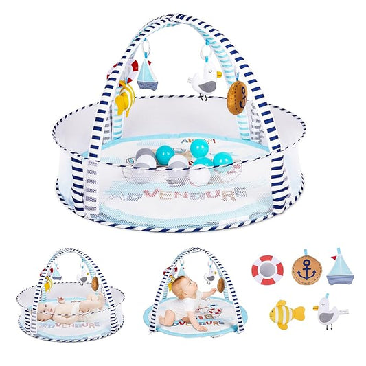 Baby Play Mat, 4-in-1 Baby Play Gym Tummy Time Mat with Ball Pit and 5 Detachable Toys for Newborn to Develop Sensory Exploration and Motor Skill 0-6-12 Months