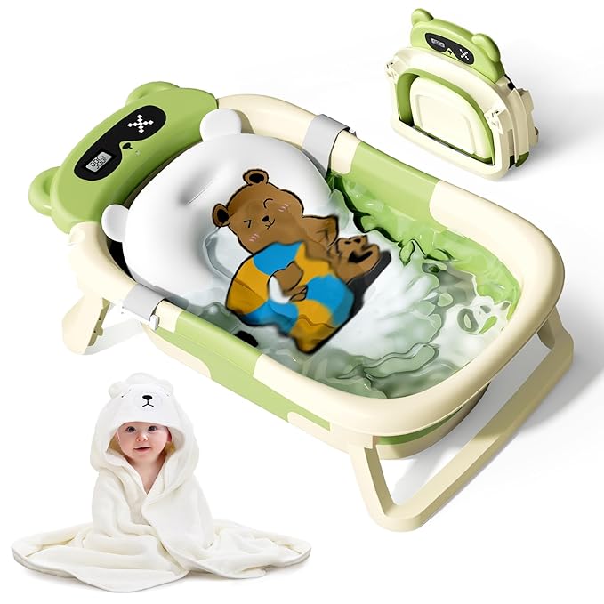 Collapsible Baby Bathtub for Newborn to Toddler (0-18 Month) - Portable Baby Bath Tub for Travel, Newborn Bathtub with Soft Towel and Floating Cushion (Green)