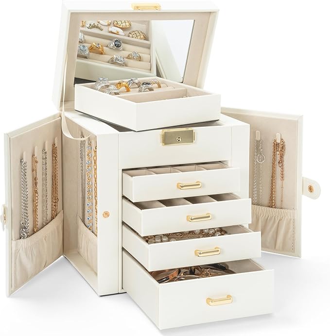 AKOZLIN 5-Tier Jewelry Box Leather Jewelry Storage Organizer with 4 Drawers Lockable for Women Girls Ring Necklace Earring Bracelet Watches Holder with Mirror White