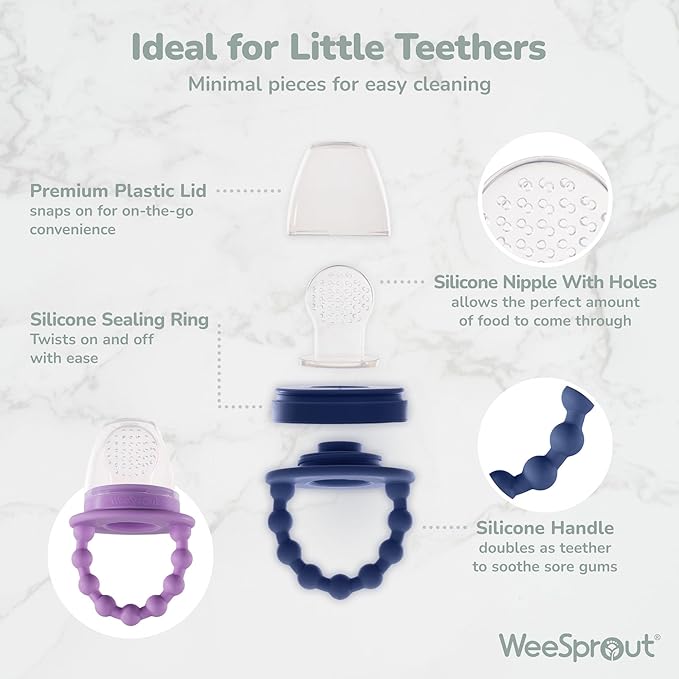 WeeSprout Baby Food Feeder Set - 2 Silicone Feeders & Reusable Freezer Tray with Lid - BPA-Free Fresh Fruit & Veggie Pacifier for Babies & Toddlers - Double as Teething Toys - Dishwasher Safe