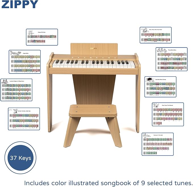 ZIPPY Kids Piano Keyboard, 37 Keys Digital Piano for Kids, Touch Sensitive Control Panel, Built-in Songs, Volume Adjustable, Music Educational Instrument, Wood Piano for 3+ Girls and Boys (Oak Plus)