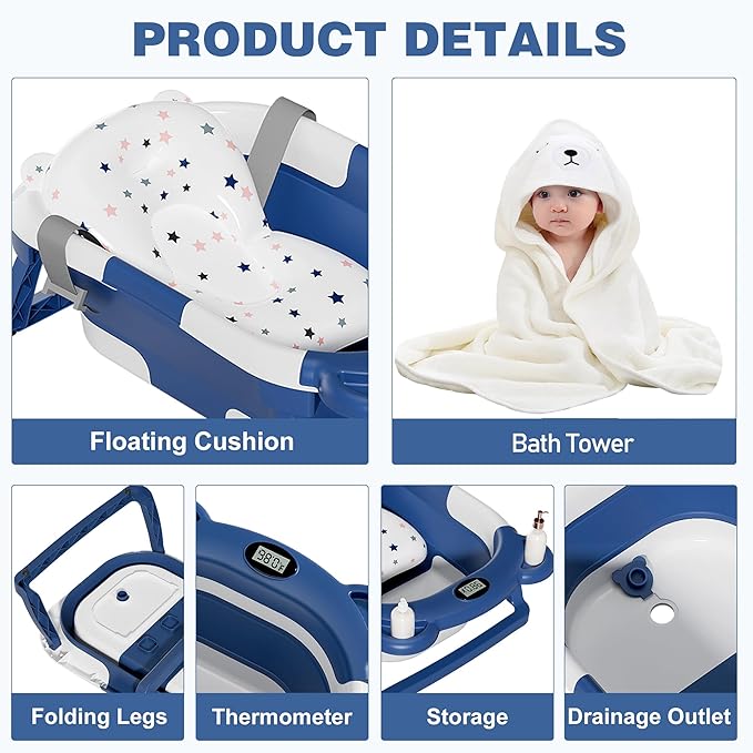 MoreFeel Collapsible Baby Bathtub for Newborn with Thermometer & 1 Soft Floating Cushion & 1 Bath Net,Portable Travel Bathtub with Drain Hole, Durable Foldable Baby Tubs for Infants to Toddler