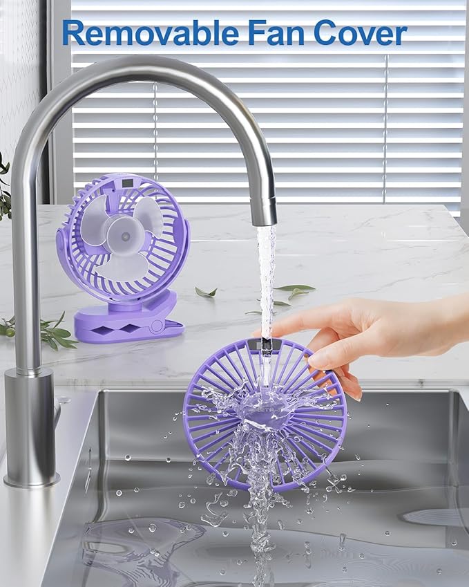 SWEETFULL Portable Clip on Fan - Battery Operated Stroller Fan, 4000mAh Small Rechargeable Fans with LED Display, 4 Speeds, Mini Personal Cooling Desk Cooler for Golf Cart Travel Camping Gym (Purple)