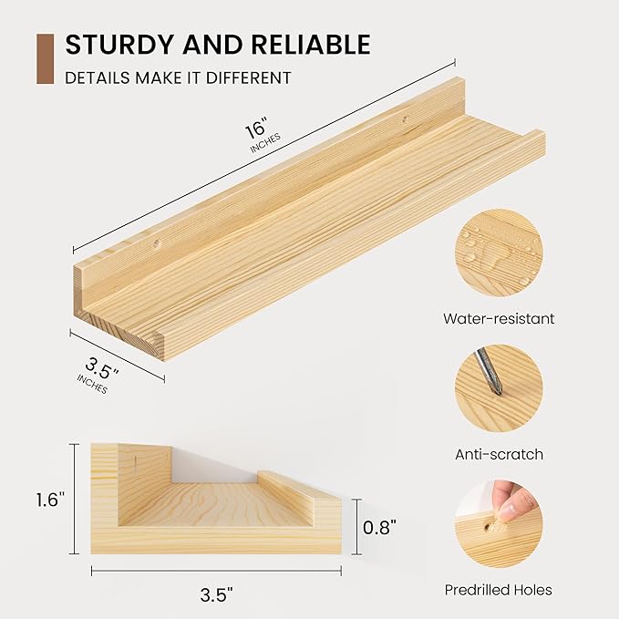 Picture Ledge Shelf, Solid Pine Wood Floating Shelves Set of 4, 16 Inches Nursery Book Shelves for Toys Storage, Kids Bookshelf Wall Mounted for Living Room Decor Photo Frames, Unfinished Natural
