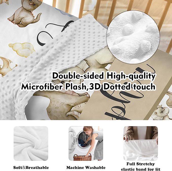 Personalized Baby Crib Bedding Set, 5-Piece Cute Dinosaur Baby Crib Sets with Custom Name, Toddler Double Layer Blanket Fitted Sheets Changing Pad Cover Rug Wall Art Set, Charming Nursery Decor