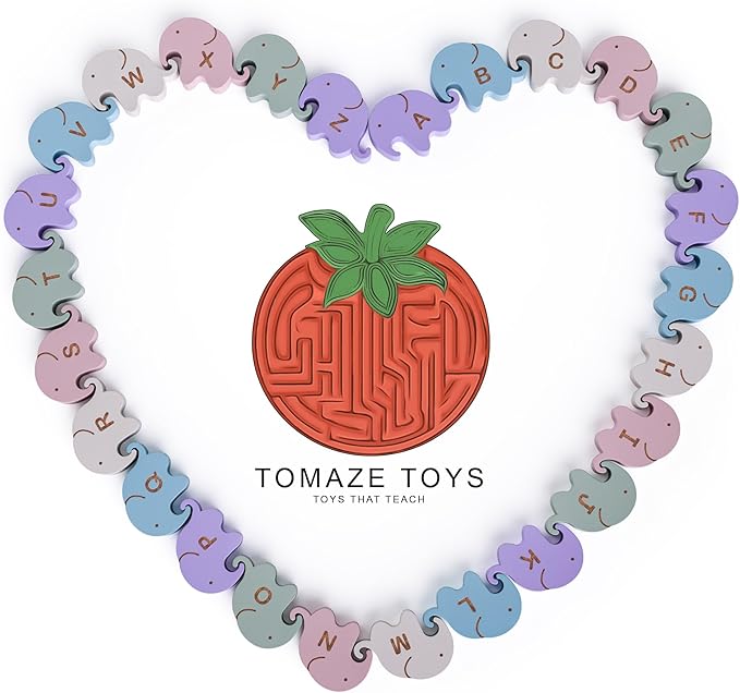 Montessori Natural Wooden Alphabet Elephants - 26-Piece Snap-Together ABC Learning Toy with Upper & Lowercase Letters - Educational Fine Motor Skills & Vocabulary Building for Toddlers & Kids Ages 3+