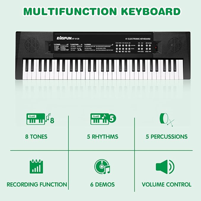 M SANMERSEN Kids Music Keyboard, 61-Key Portable Electronic Piano Toy with Microphone, Teaching Tool for Beginners, Ages 3-12, Black