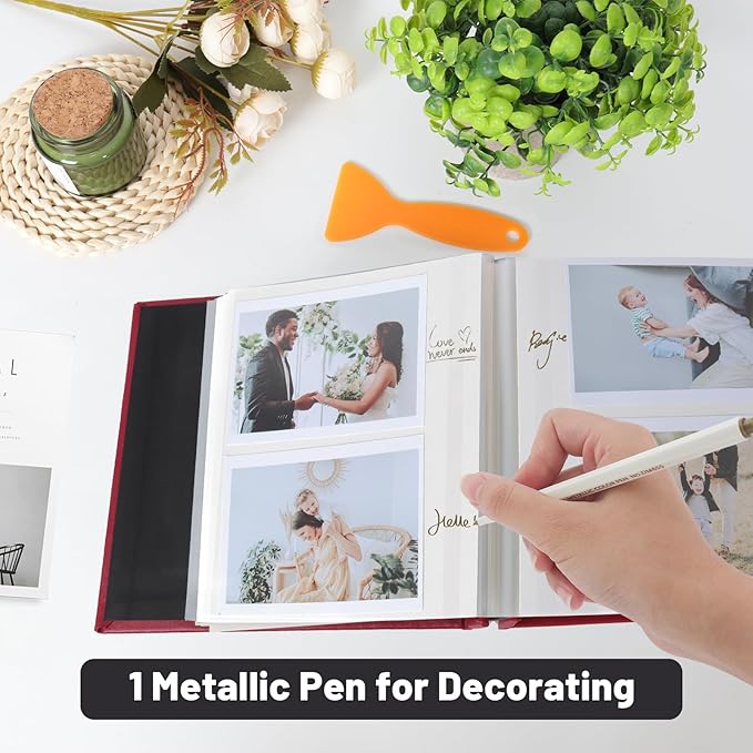 RECUTMS Photo Album Self Adhesive Magnetic Scrapbook 4x6 5x7 8x10 Pictures Scrapbook Album, 40 Pages Photo Book for DIY Baby Family Wedding with Metal Pen and Plastic Board (Red)