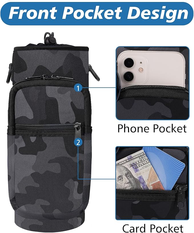 32 40 oz Water Bottle Carrier with Strap, Neoprene Water Bottle Sleeve Bag with 2 Pockets Insulated Flask Sling Holder for Walking Hiking Gym