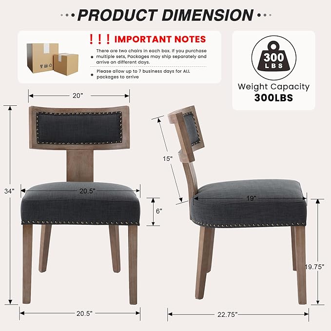 HNY Mid Century Modern Dining Chairs Set of 2, Farmhouse Linen Fabric - Image 2